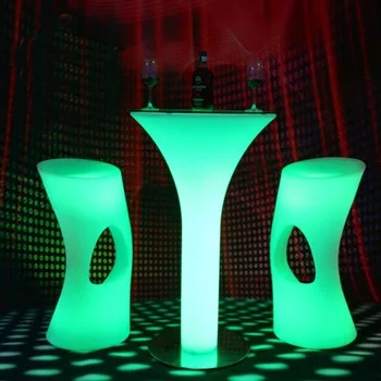 cocktail table led party furniture RGB Round Glass Colorful stainless steel base Outdoor led bar furniture set table and chair